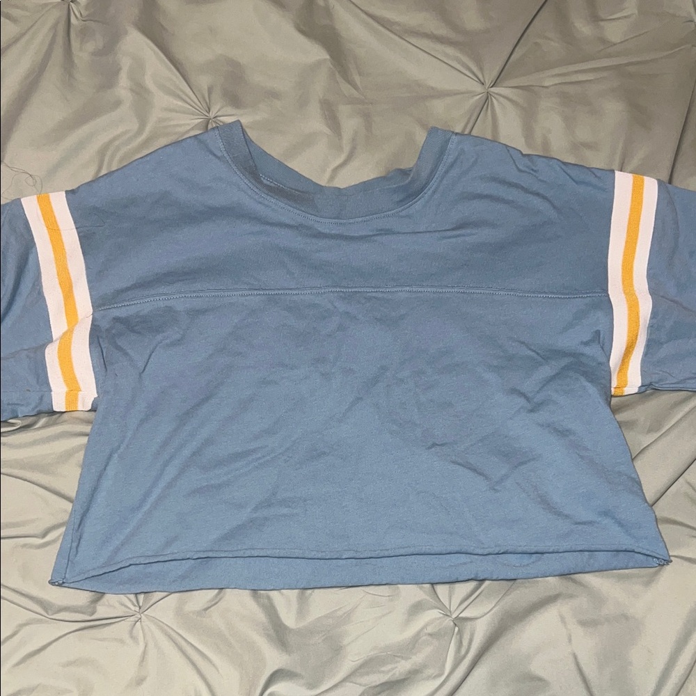 wild fable Light Blue Cropped Tee with Yellow & White Sleeve Stripes